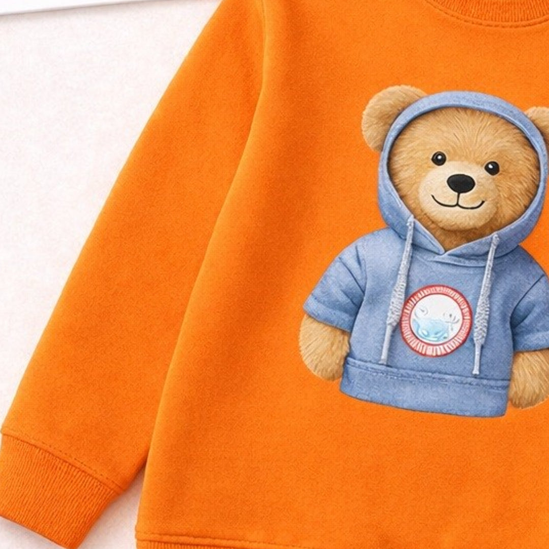 Boy's Cotton Teddy & Dog Printed Sweatshirt With Jeans Set - Orange & Cream