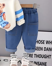 Boy's Light WInter Teddy Printed Sweatshirt & Denim Pants Set