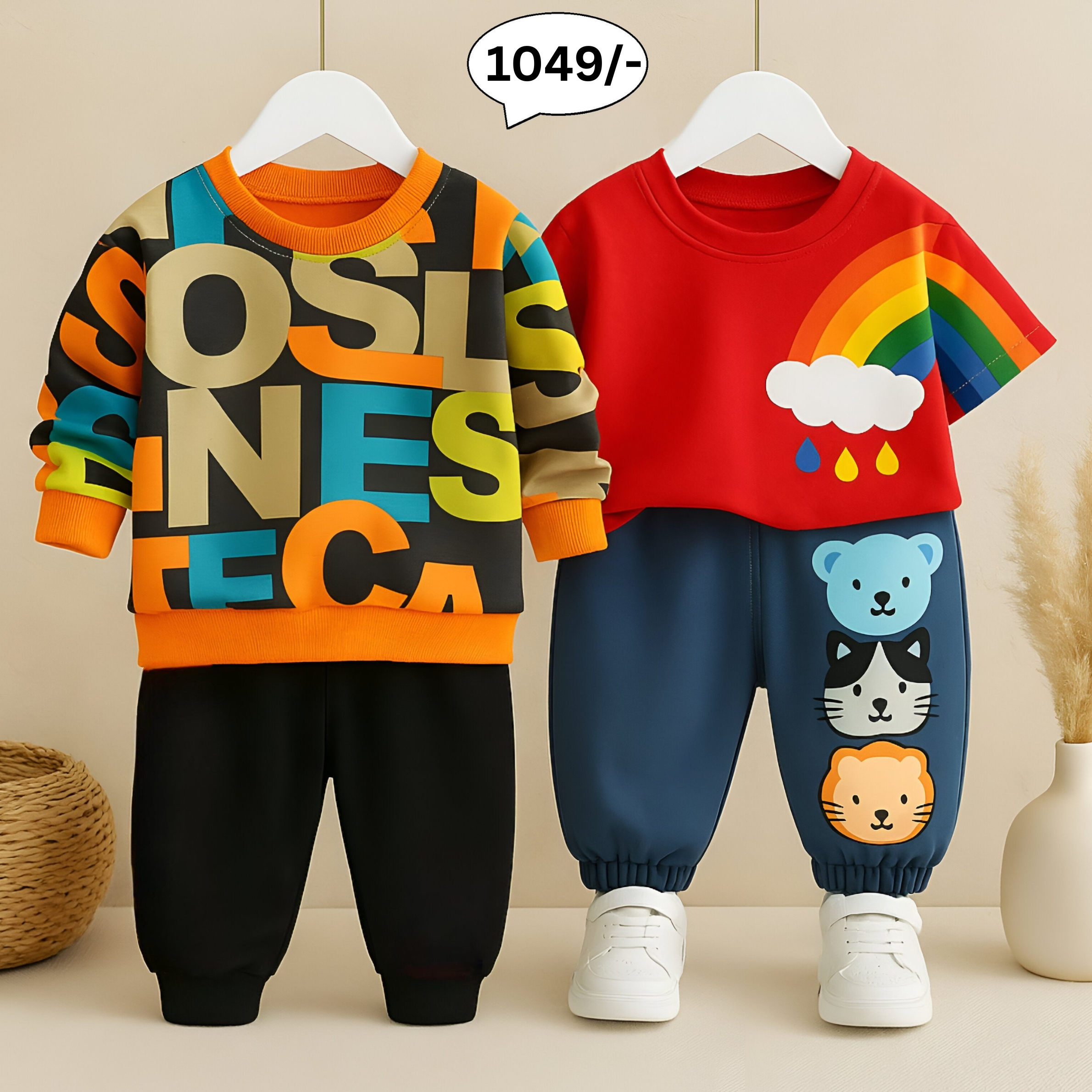 Boys Light Winter Cotton Full Sleeves Pack Of 2 - Orange letter & Red rainbow Printed pant