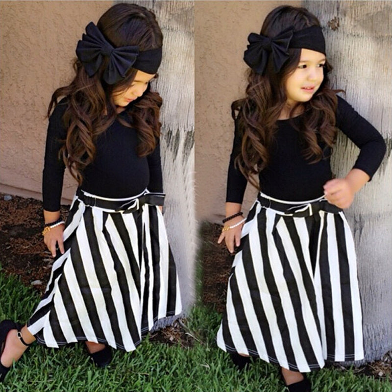 Girl's Black Top, Bow Headband & Striped Skirt Set