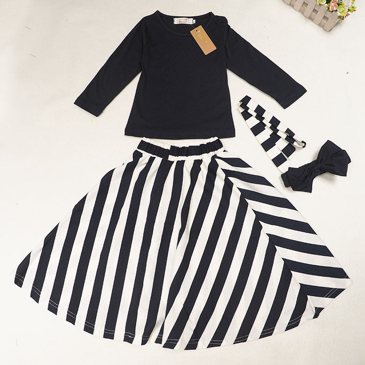 Girl's Black Top, Bow Headband & Striped Skirt Set