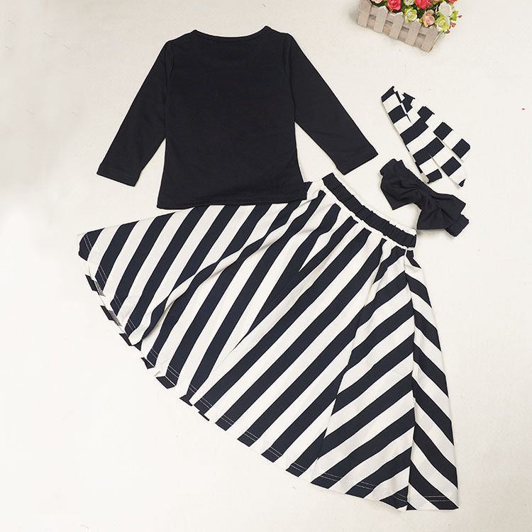 Girl's Black Top, Bow Headband & Striped Skirt Set