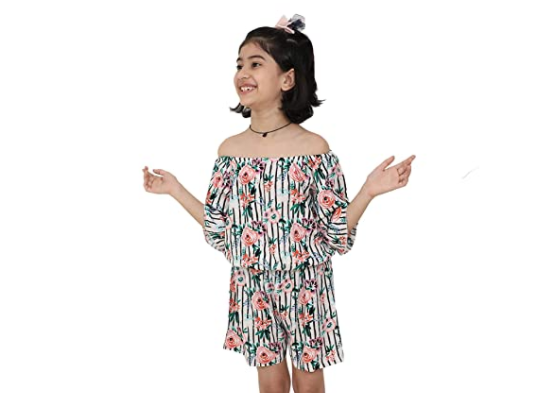 Girl's Cotton Off-shoulder Short Jumpsuit in multicolor