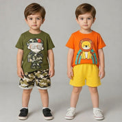 Boys Cotton Half Sleeves Tee & Shorts Set Pack Of 2  - Orange Lion & Green Army