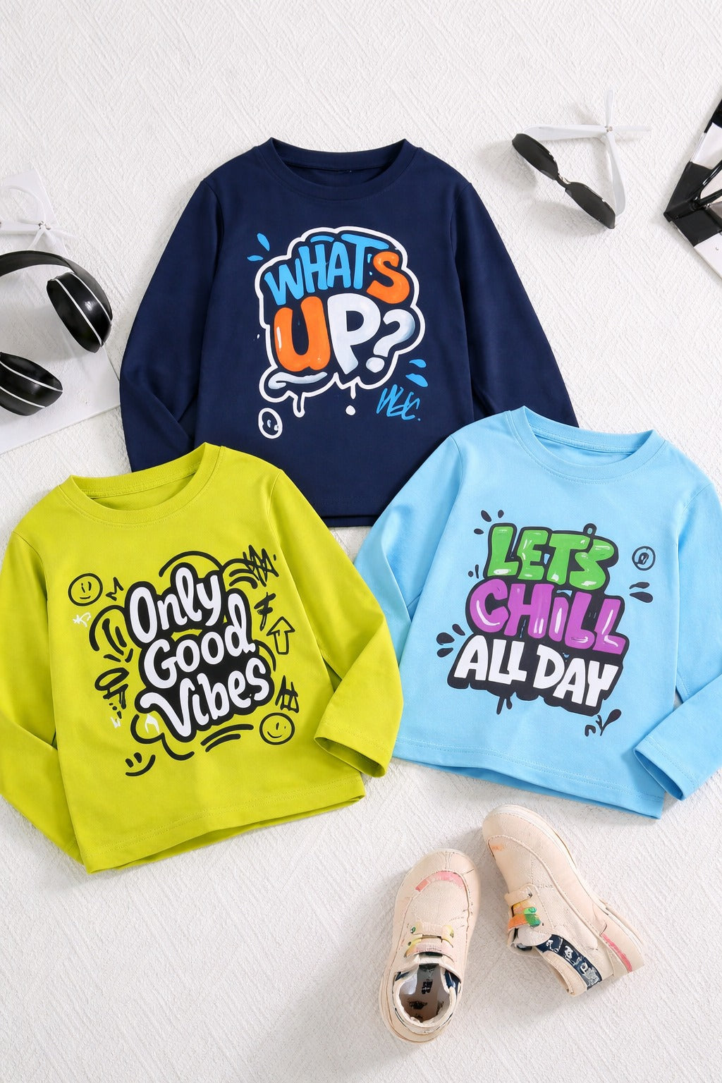 Boy's 3-Pack Awesome Print Cotton T-Shirts - Navy, Sky & Green