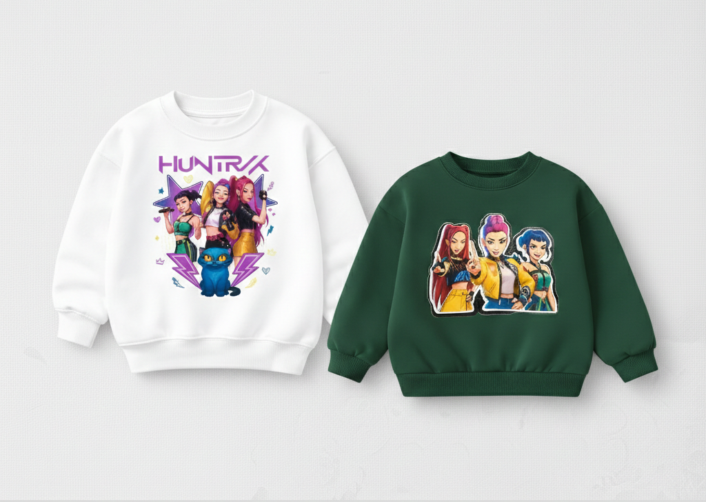 Girl's Cotton Full Sleeves Printed Sweatshirt Set Pack of 2 - White & Green