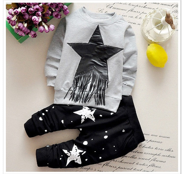 Elegant Grey Star Applique Full Sleeves Sweatshirt With Pant Set