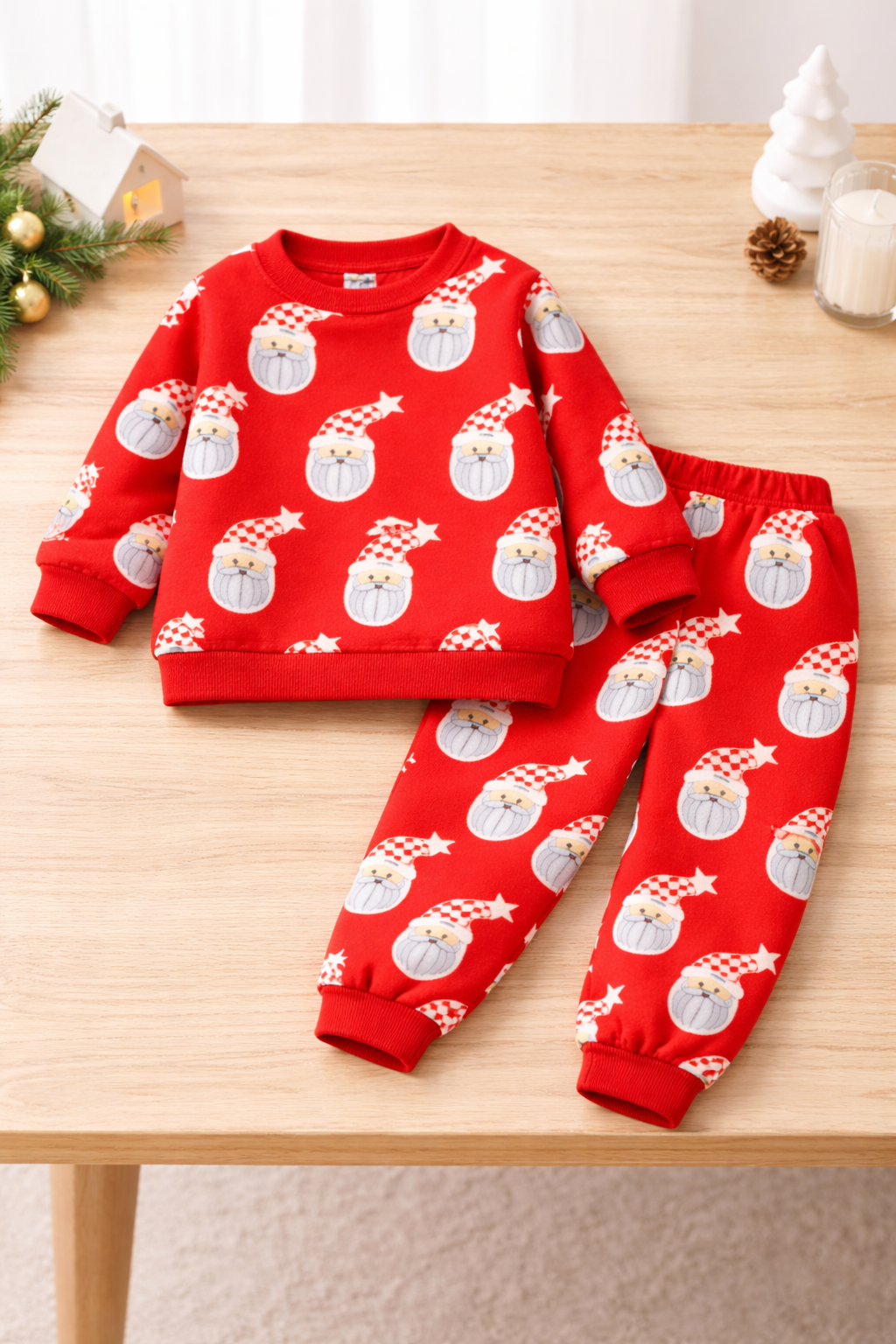 Boy's Cotton Santa & Tree Printed Sweatshirt With Joggers Set - Red & Green