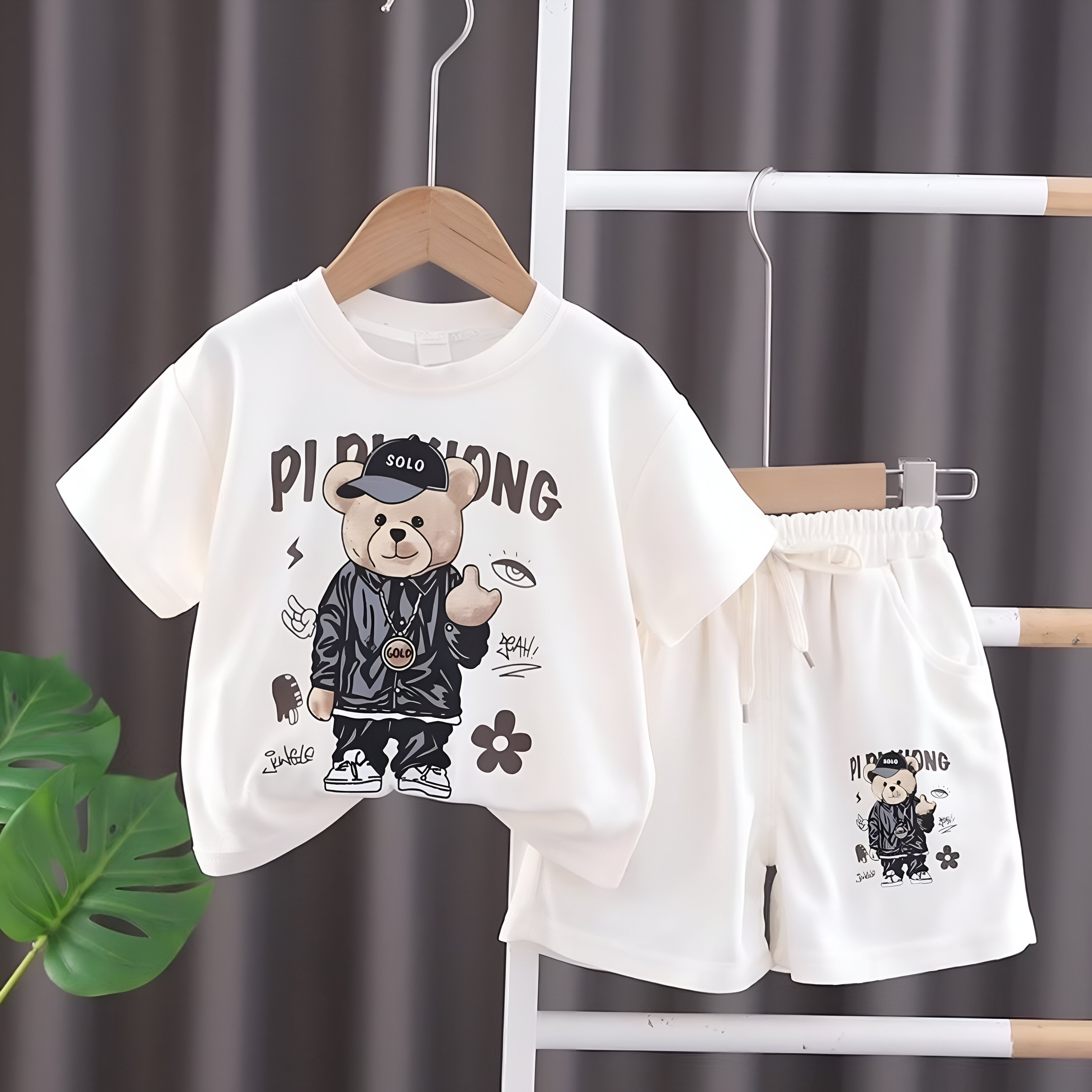 Boy's Cream Teddy Print T-Shirt & Shorts Set