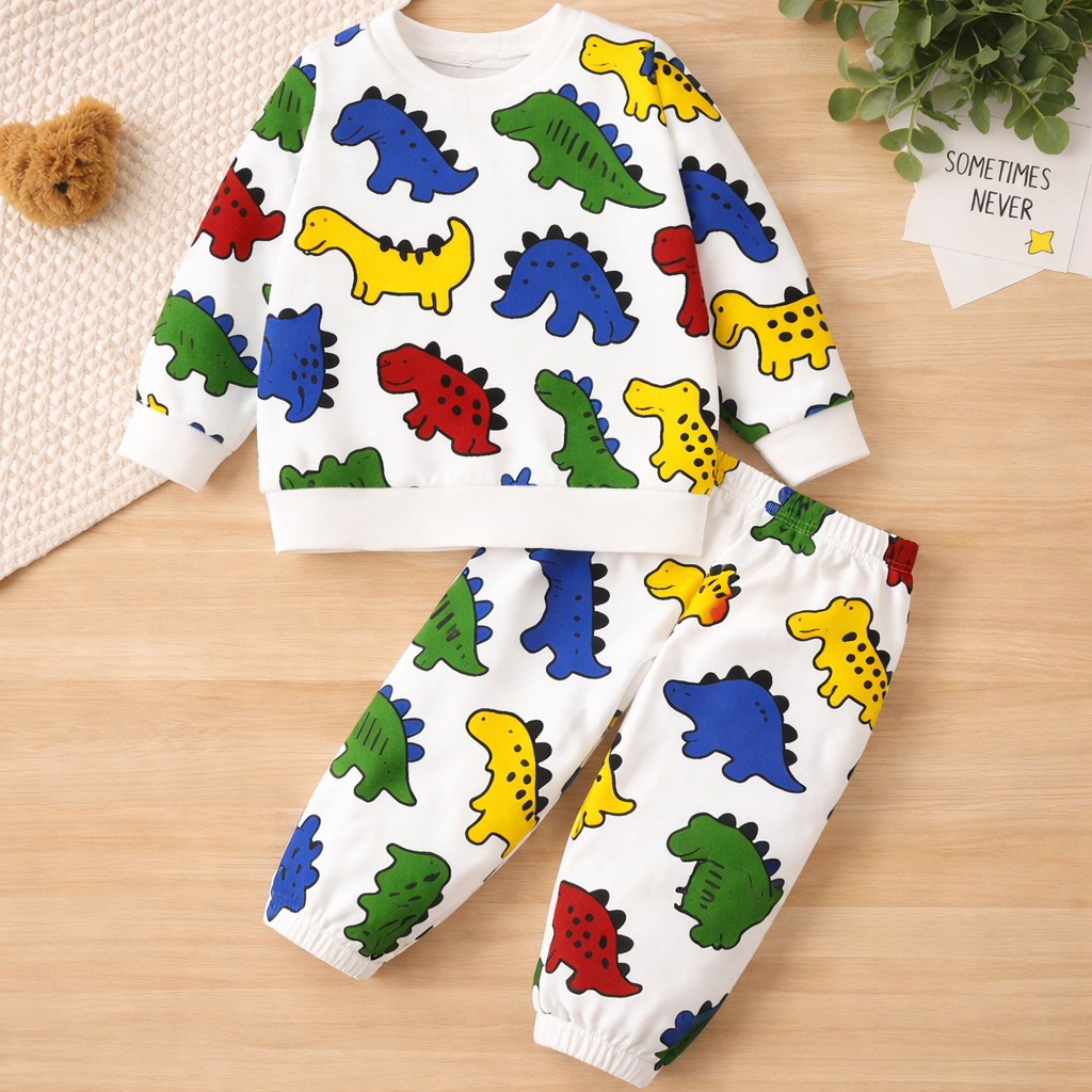 Boy's Light Winter Cotton Dino AOP Printed Sweatshirt With Jogger Set - White