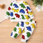 Boy's Light Winter Cotton Dino AOP Printed Sweatshirt With Jogger Set - White