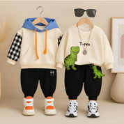 Boys Light Winter Cotton Full Sleeves Sweatshirt & Joggers Set Pack Of 2  - Cream Hoody & Cream DinoSaur