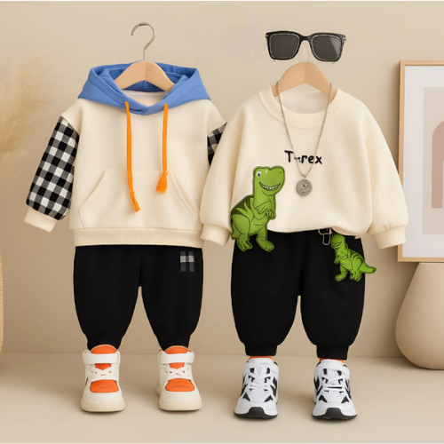 Boys Light Winter Cotton Full Sleeves Sweatshirt & Joggers Set Pack Of 2  - Cream Hoody & Cream DinoSaur