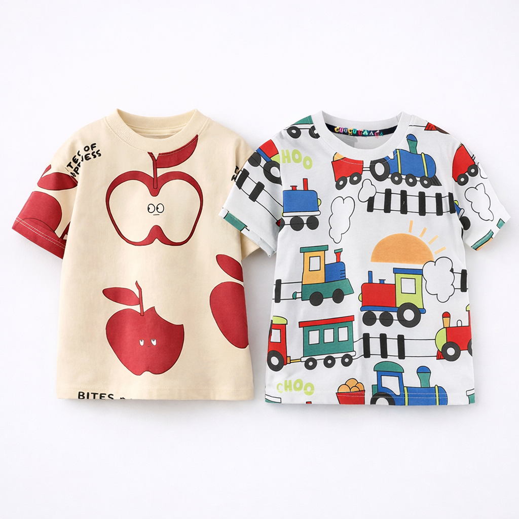 Boy's 2-Pack Apple & Train Print T-Shirts