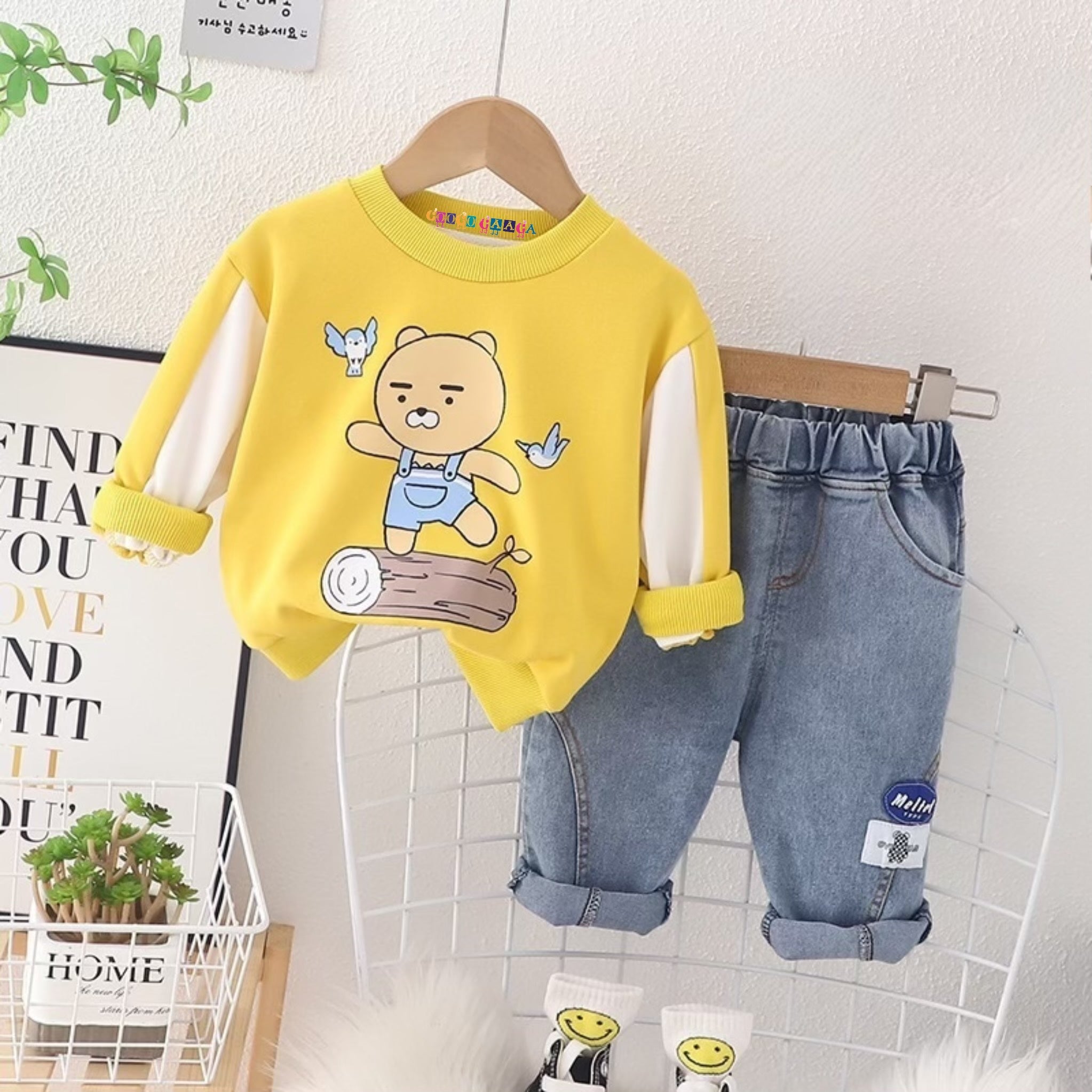 Boy's Yellow Teddy Print Sweatshirt & Pants Set