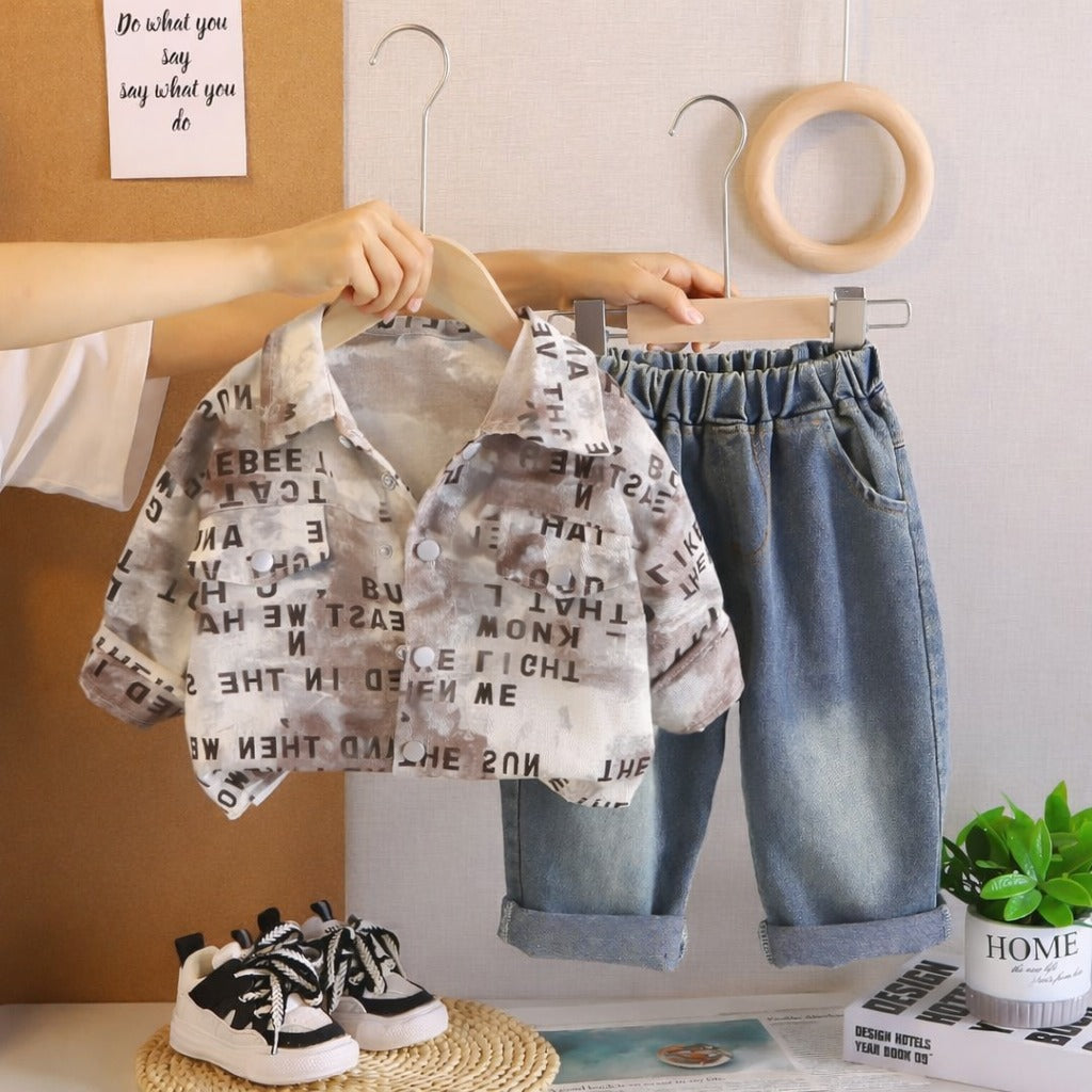 Boy's Cotton MIni Text Printed Shirt With Pant Set - Brown