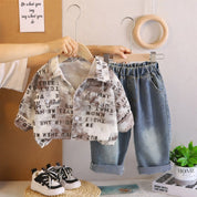 Boy's Cotton MIni Text Printed Shirt With Pant Set - Brown