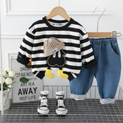 Boy's Cotton Loop Knit Winter Full Sleeves Teddy Embroidered Sweatshirt & Denim Pant Set - Black
