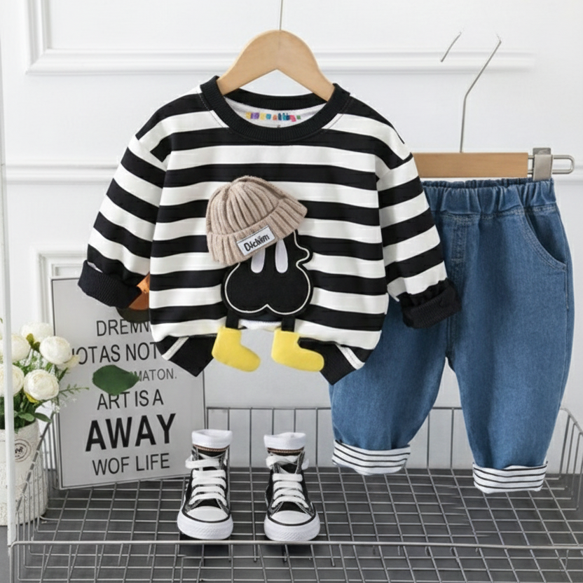 Boy's Cotton Loop Knit Winter Full Sleeves Teddy Embroidered Sweatshirt & Denim Pant Set - Black