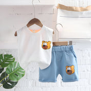 Boy's White Bear Print Sleeveless T-Shirt & Shorts