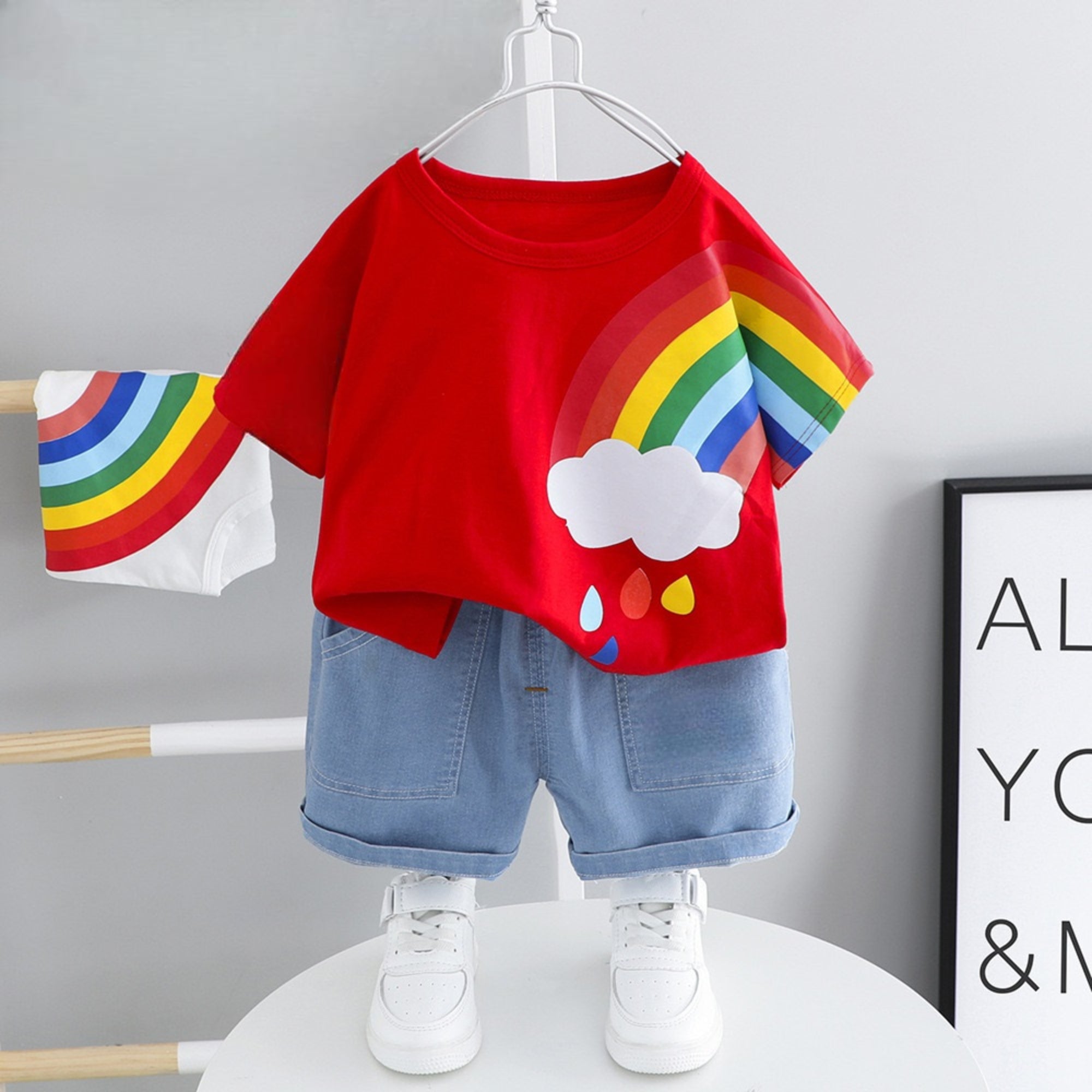 Boys Cotton Half Sleeves Tee & Shorts Set Pack of 2  - Black Urban & Red Rainbow