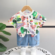 Boy's White Print T-Shirt & Denim Shorts Set