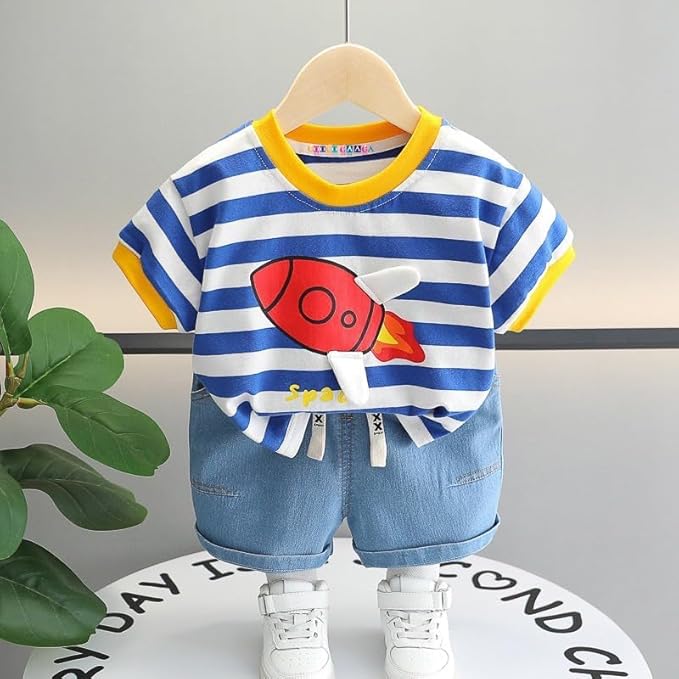 Boys Cotton Half Sleeves Tee & Shorts Set Pack of 2  - Space Denim & White Tractor