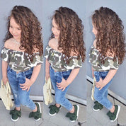 Girl's Off-Shoulder Top & Blue Jeans Set