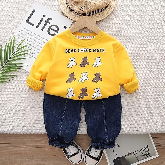 Boy's Cotton Full Sleeves Sweatshirt and Pant Set in Yellow (BearCheckMate)