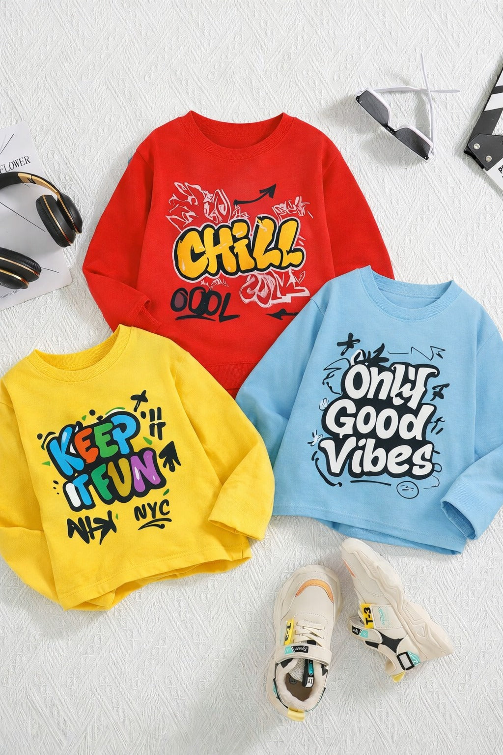 Boy's 3-Pack Awesome Print Cotton T-Shirts - Red, Yellow & Sky Blue
