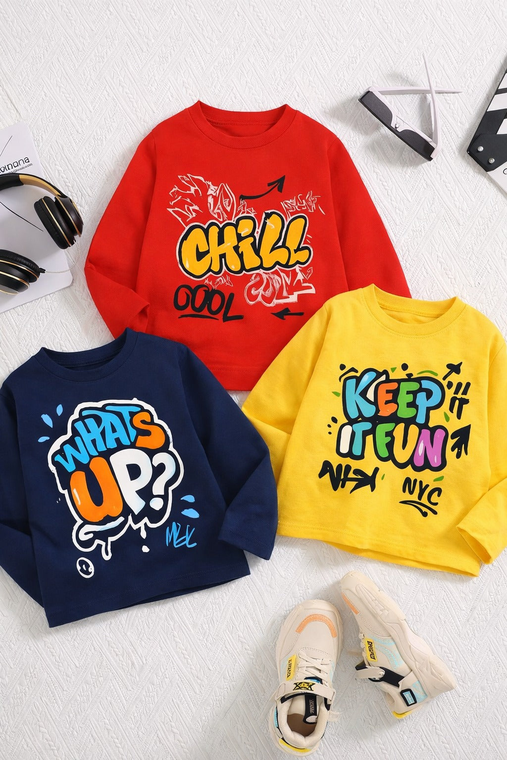 Boy's 3-Pack Awesome Print Cotton T-Shirts - Red, Yellow & Navy
