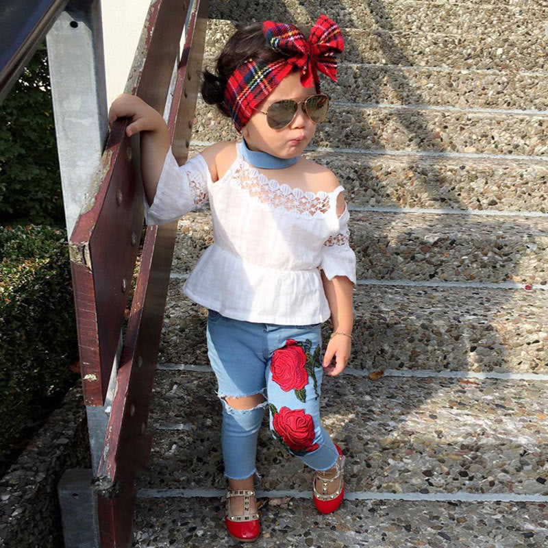 Girl's White Top & Floral Jeans Set