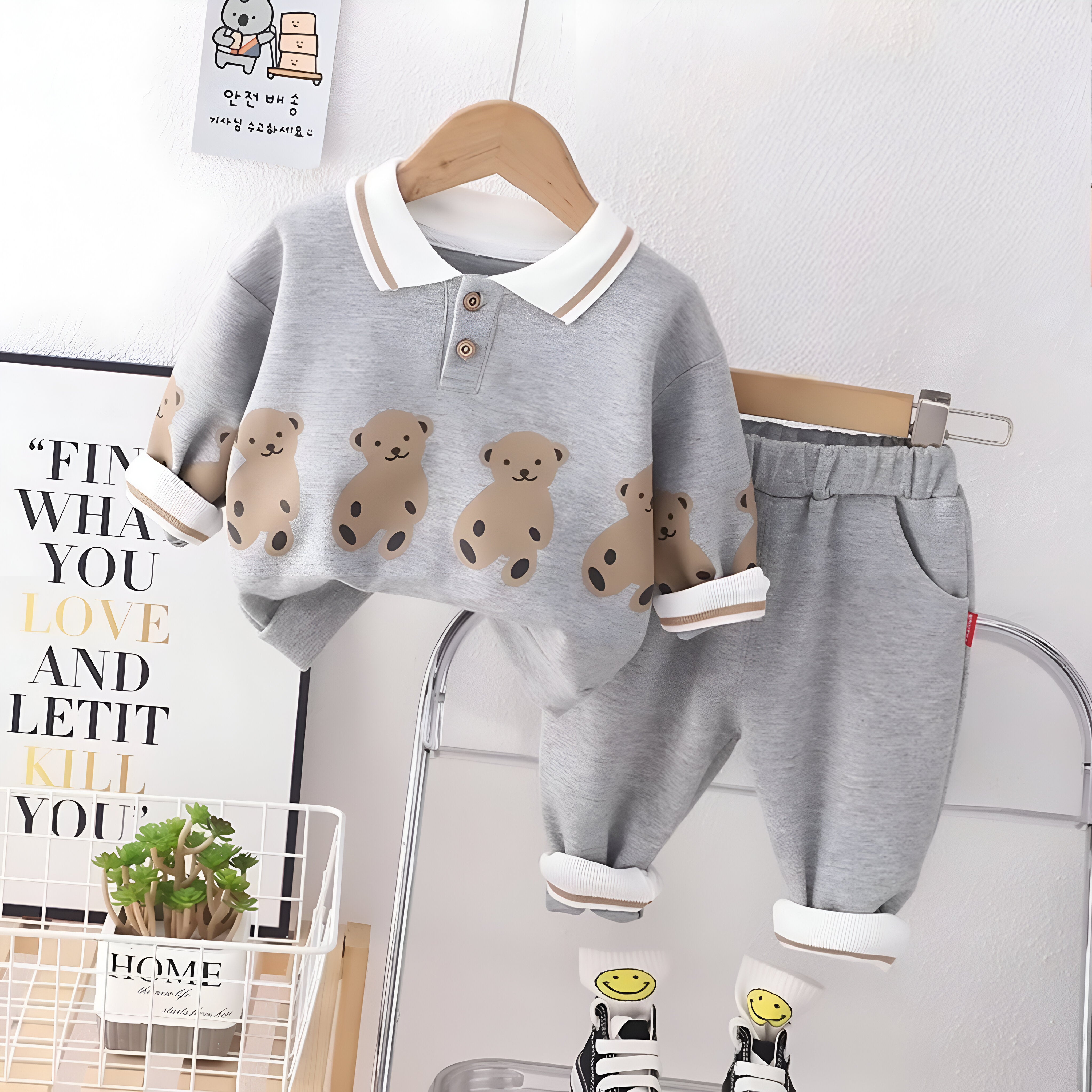 Boy's Grey Teddy Print Sweatshirt & Pants Set