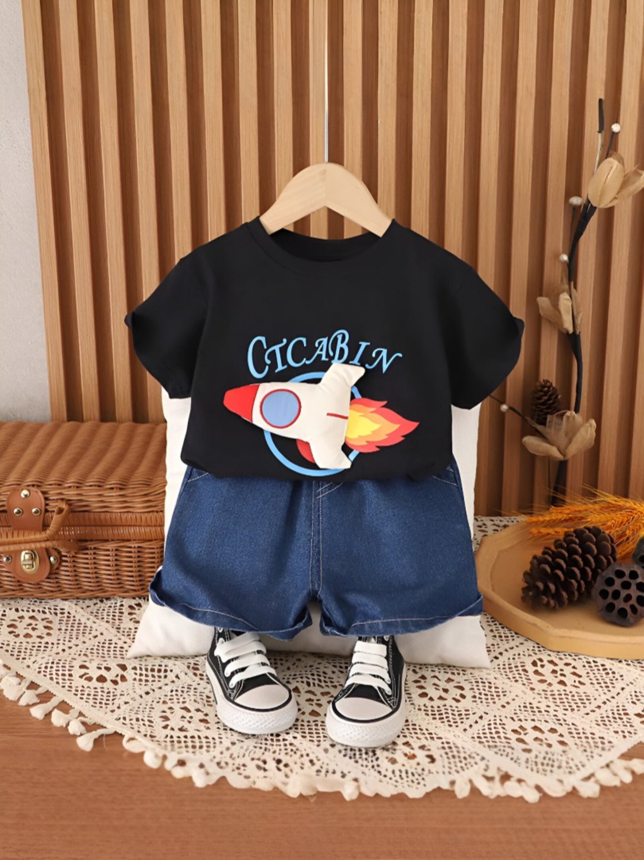 Boy's Black Rocket Print T-Shirt & Shorts Set