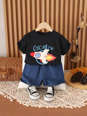 Boy's Black Rocket Print T-Shirt & Shorts Set