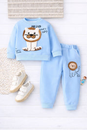 Boy's Cotton Text & Lion Sweatshirt With Joggers Set - Cream & Blue