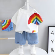 Boys Cotton Half Sleeves Tee & Shorts Set Pack of 2  - Red Teddy & White Rainbow