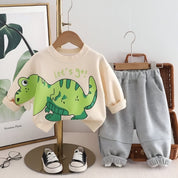 Boy's Cream Dino Print Sweatshirt & Pants numar