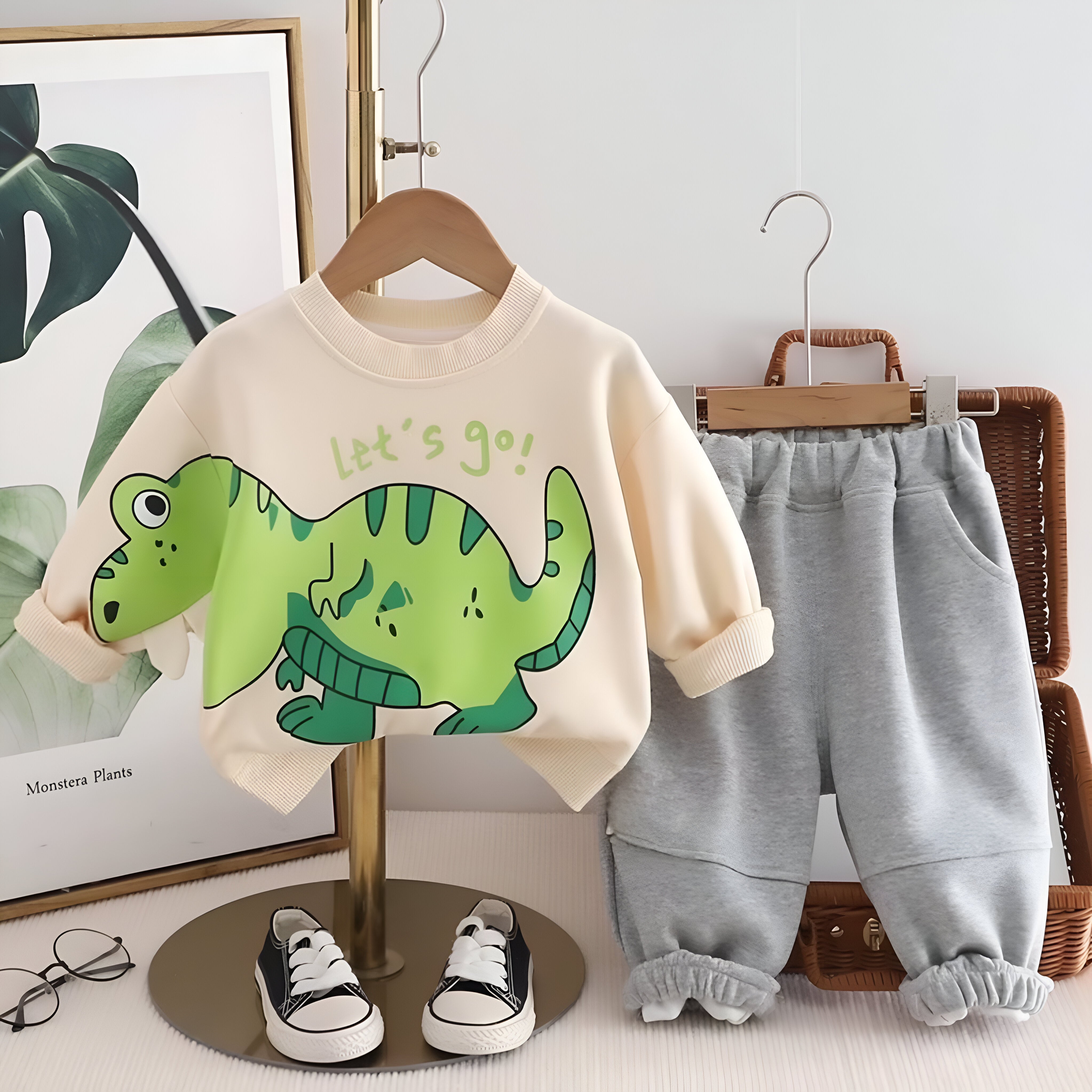 Boy's Cream Dino Print Sweatshirt & Pants numar