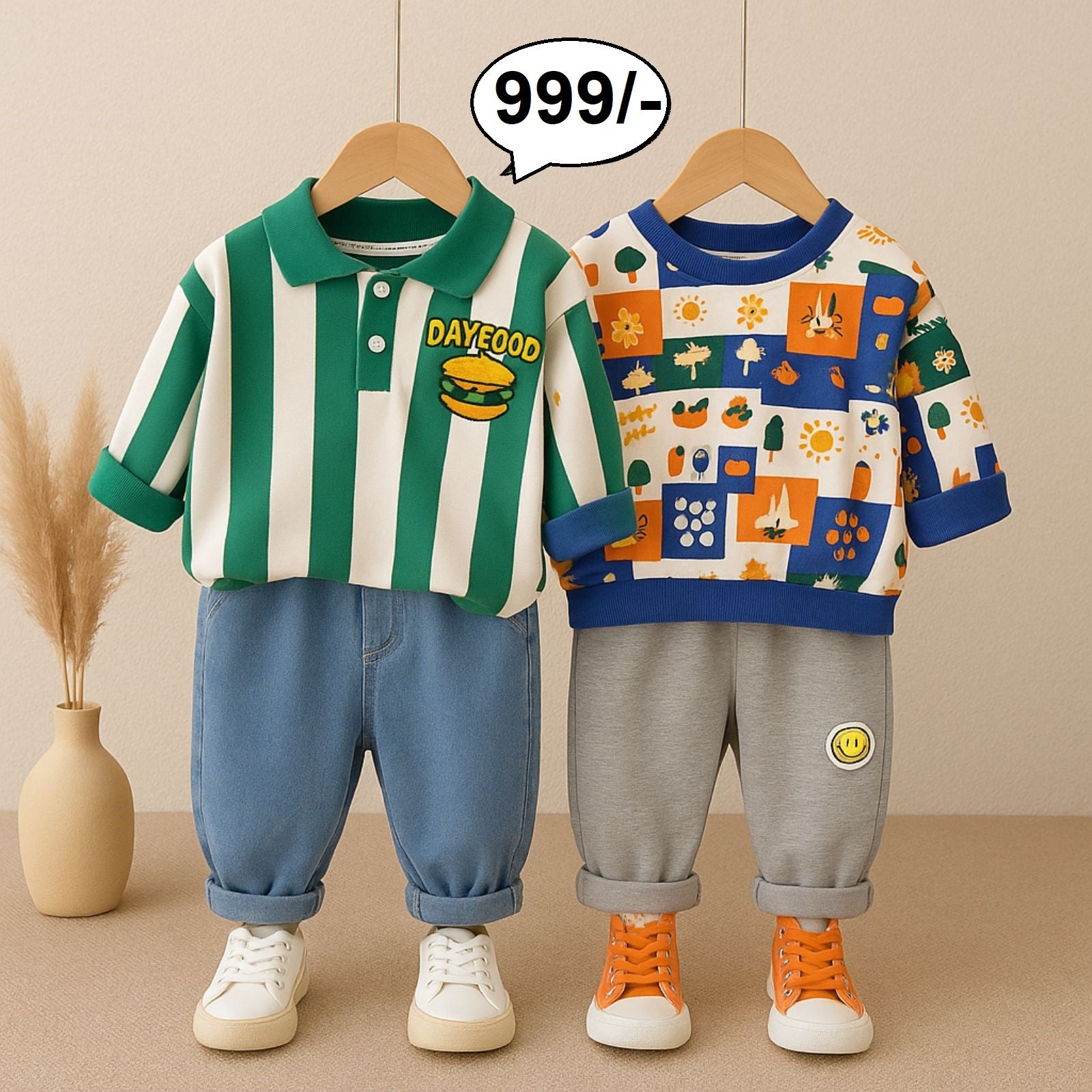 Boys Cotton Winter Wear Pack of 2 Outfits - Green Day food & Blue AOP