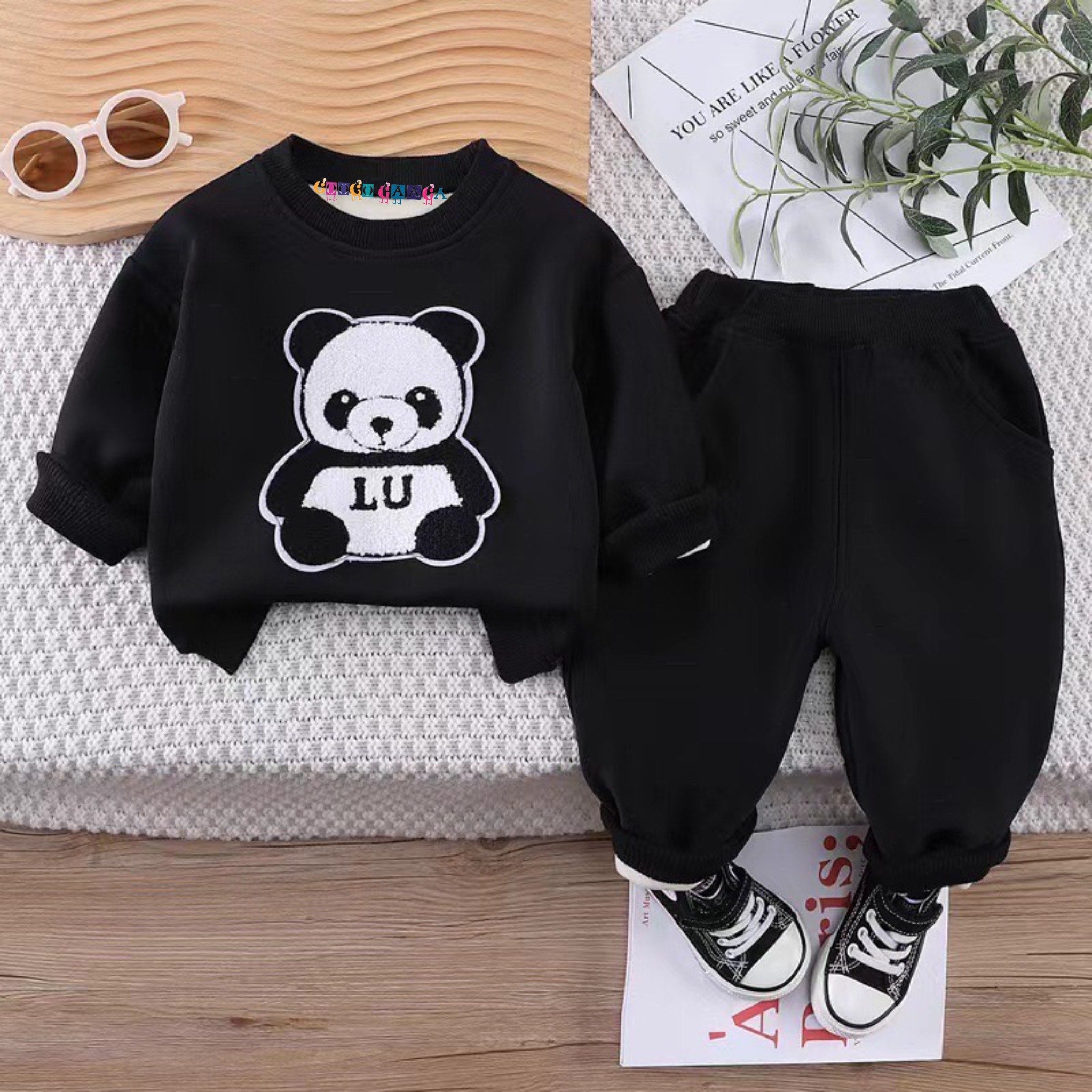 Boy's Black Panda Print Sweatshirt & Pants Set