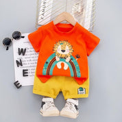 Boys Cotton Half Sleeves Tee & Shorts Set Pack of 2  - Orange Yellow & Happy Animal
