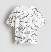 Boy's Dino Print Half-Sleeve T-Shirt - Black & White
