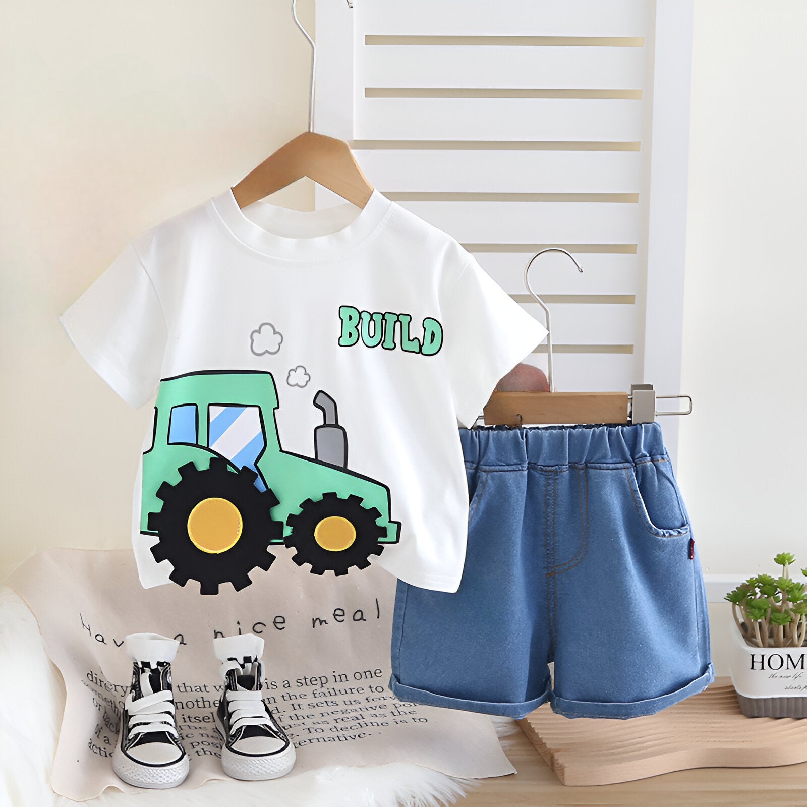 Boys Cotton Half Sleeves Tee & Shorts Set Pack of 2  - Space Denim & White Tractor
