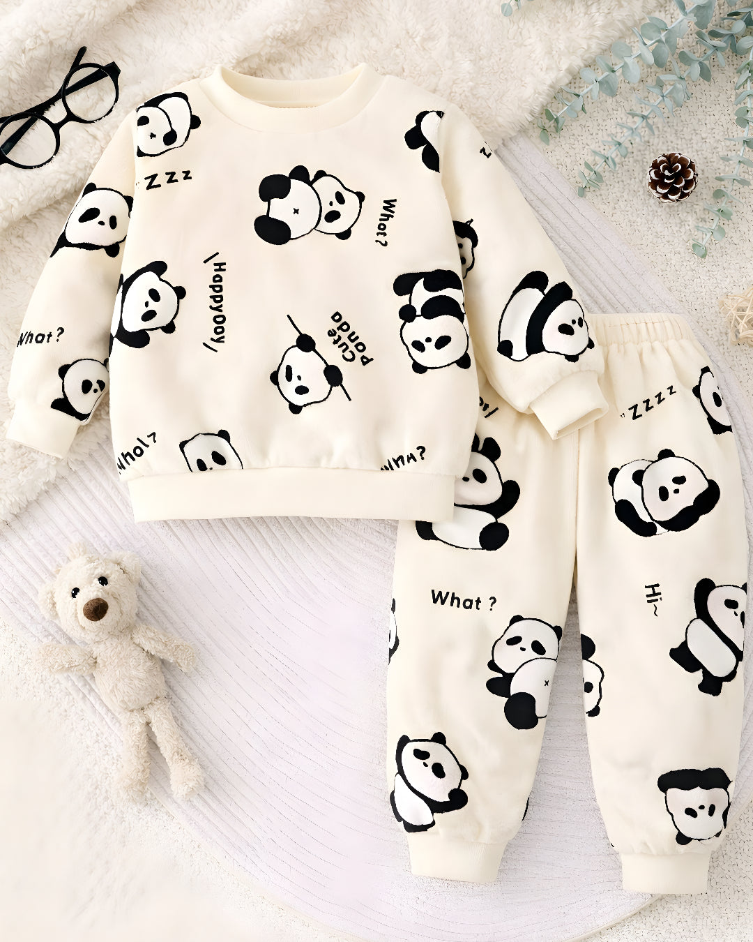 Boy's Cotton Winter Full Sleeves Panda Printed Sweatshirt & Jogger Pant Set - Cream