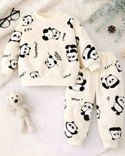 Boy's Cotton Winter Full Sleeves Panda Printed Sweatshirt & Jogger Pant Set - Cream
