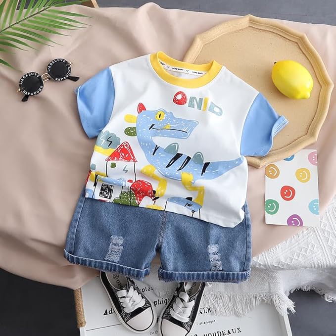 Boy's White Print T-Shirt & Denim Shorts Set