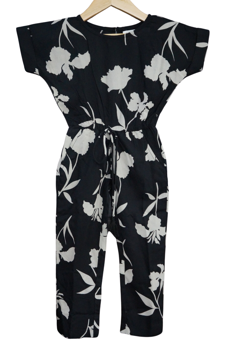 Girl's Black Floral Half Sleeves Jumpsuit