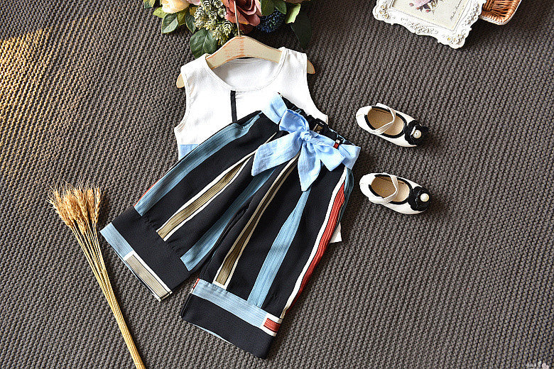 Girl's White & Blue Bow Top & Striped Palazzo Set