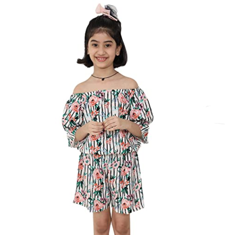 Girl's Cotton Off-shoulder Short Jumpsuit in multicolor